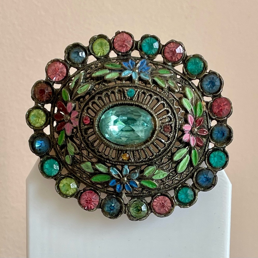 Vintage Signed L/N Little Nemo Floral Metal Brooch With Multicolored Rhinestones